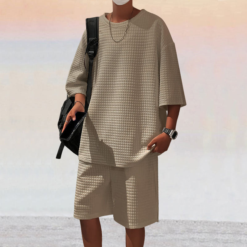 Ensemble Short Manches Courtes Loose Homme Polyester – T-shirt + Short Été Noir Gris Kaki Blanc S-3XL