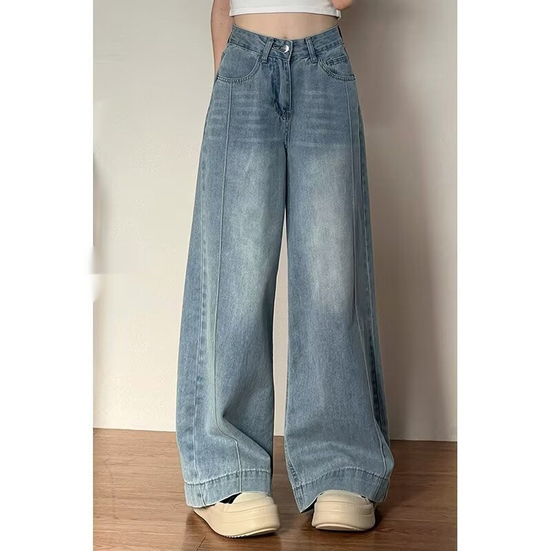 Jean Large Femme Coton Taille Haute – Style Japonais Coréen Zip Couleur Rétro Automne