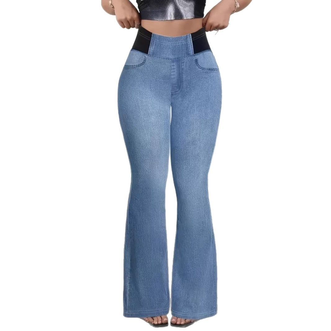 Pantalon Slim Taille Élastique Femme Polyester Imprimé – Style Japonais Coréen Casual Bleu Clair