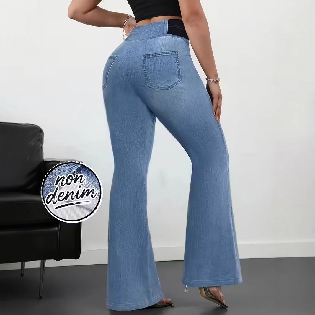 Pantalon Slim Taille Élastique Femme Polyester Imprimé – Style Japonais Coréen Casual Bleu Clair