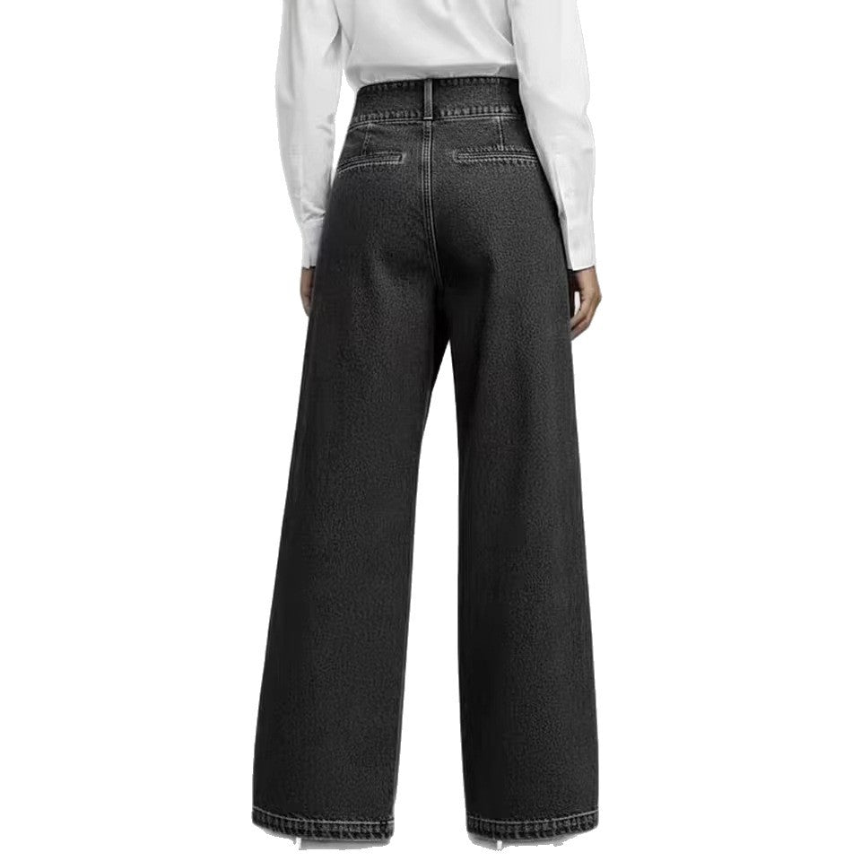 Jean Droit Slim Femme Denim Polyester – Bleu & Noir Longueur Complète