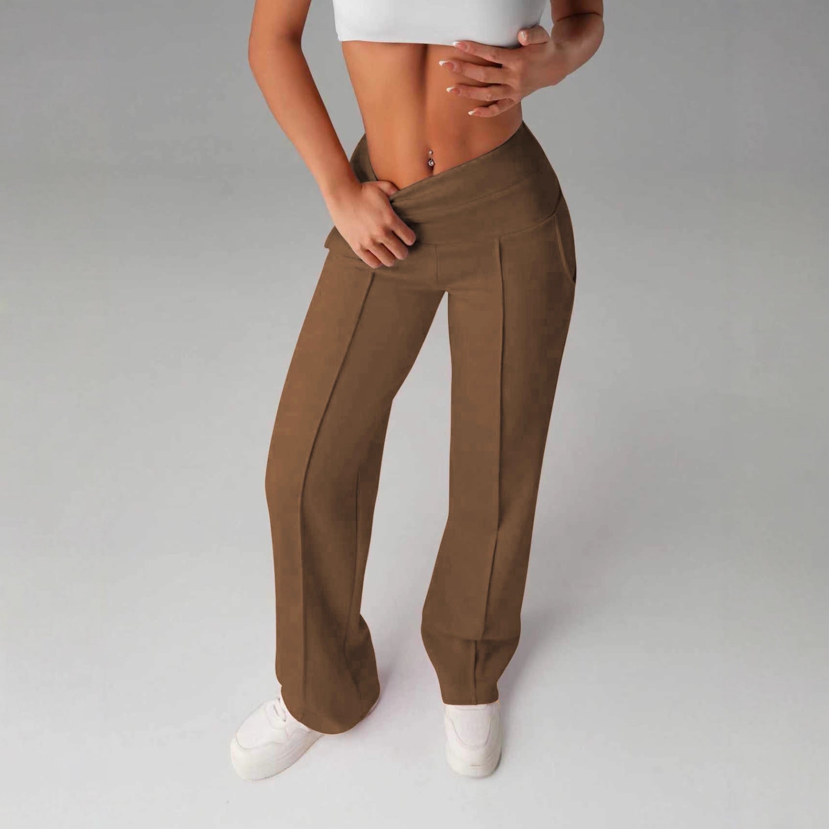 Pantalon Droit Slim Femme Polyester Uni – Casual Polyvalent Marron Foncé Noyer