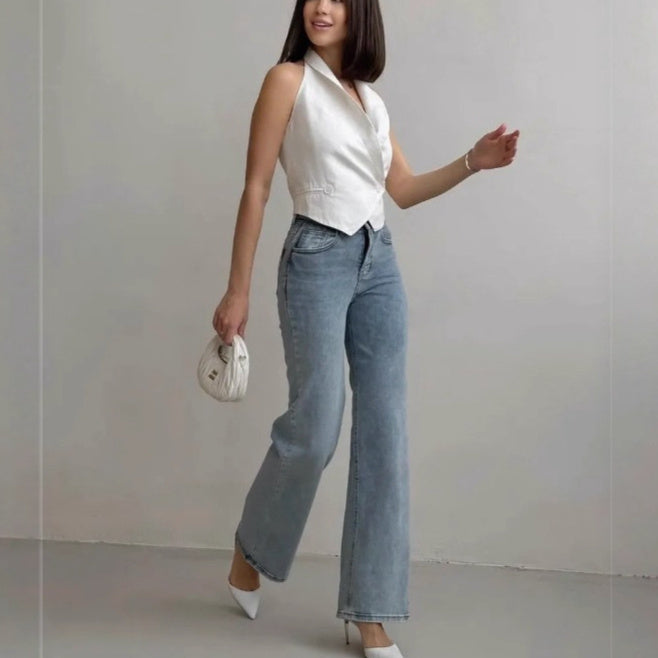Pantalon Évasé Femme Denim Coton Lavé – Taille Mi-Haute Style Commuter Chic Bleu