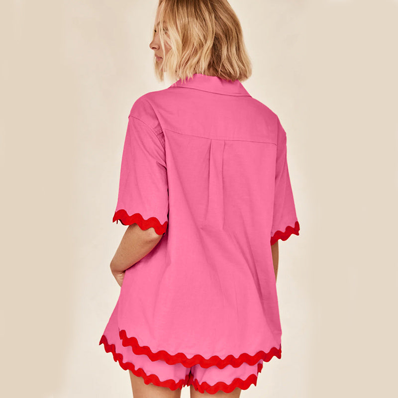 Ensemble 2 Pièces Été Femme Polyester – Chemise Col V Manches Courtes & Short Imprimé Vagues 7 Coloris