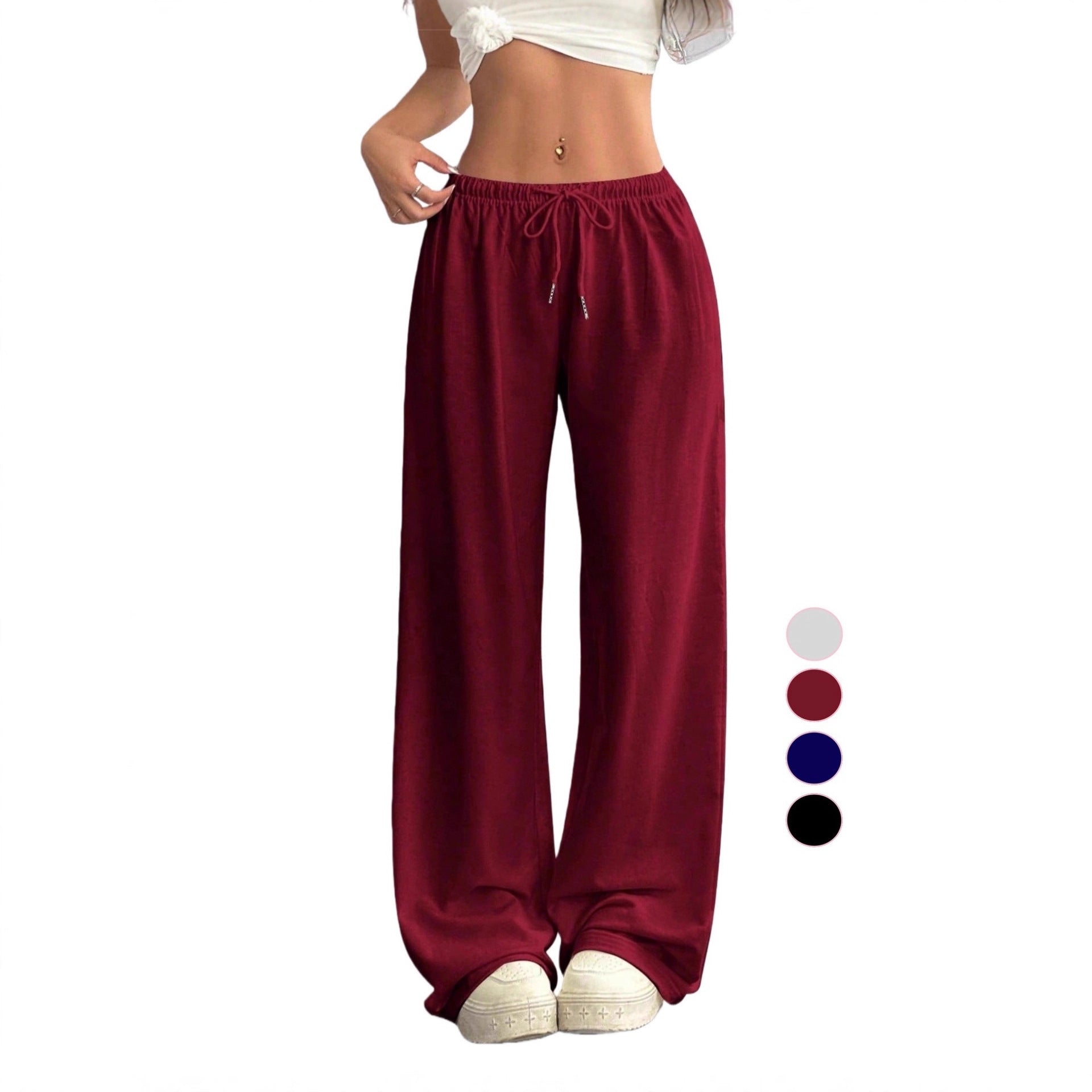 Pantalon Large Évasé Femme Polyester Cordon – Sport Casual Gris Noir Bordeaux Bleu Marine