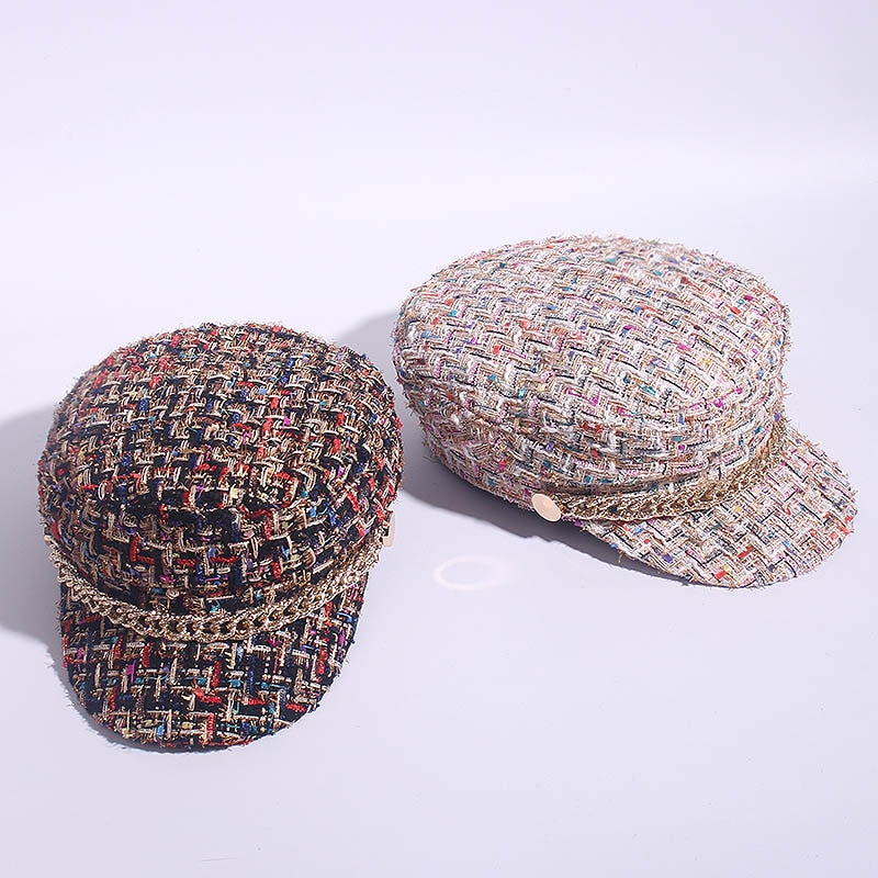 Casquette Plate Femme Tweed – Style Militaire Octogonal Polyvalent