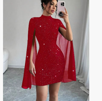 Robe Soirée Femme Chiffon Perles Col Rond – Manches Cape Moulante Élégante