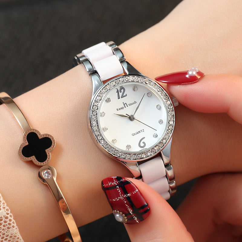 Montre Femme Luxe Quartz – Cadran Diamant Bracelet Céramique Alliage Or Argent