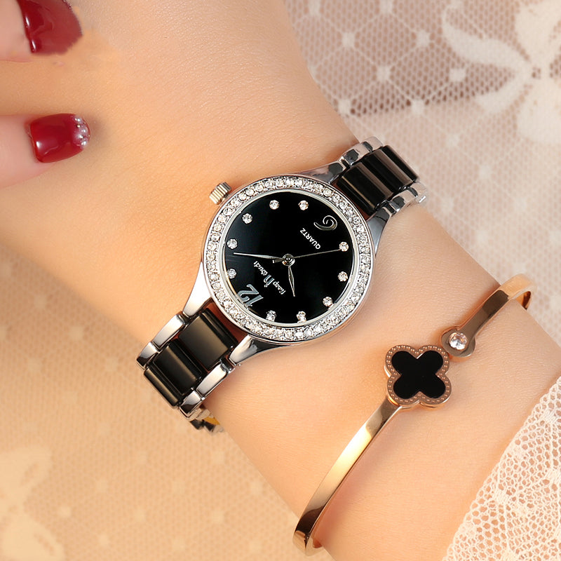 Montre Femme Luxe Quartz – Cadran Diamant Bracelet Céramique Alliage Or Argent