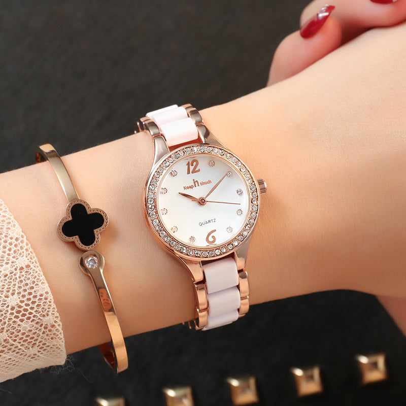 Montre Femme Luxe Quartz – Cadran Diamant Bracelet Céramique Alliage Or Argent