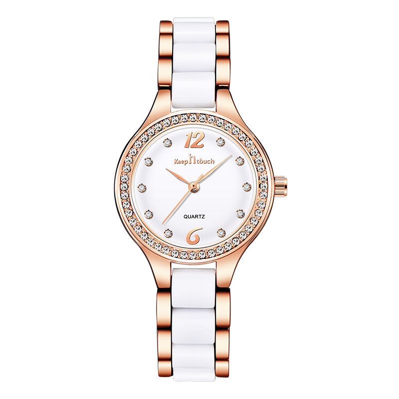 Montre Femme Luxe Quartz – Cadran Diamant Bracelet Céramique Alliage Or Argent