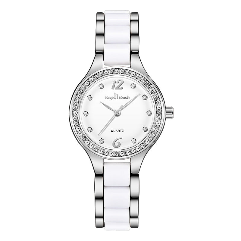 Montre Femme Luxe Quartz – Cadran Diamant Bracelet Céramique Alliage Or Argent