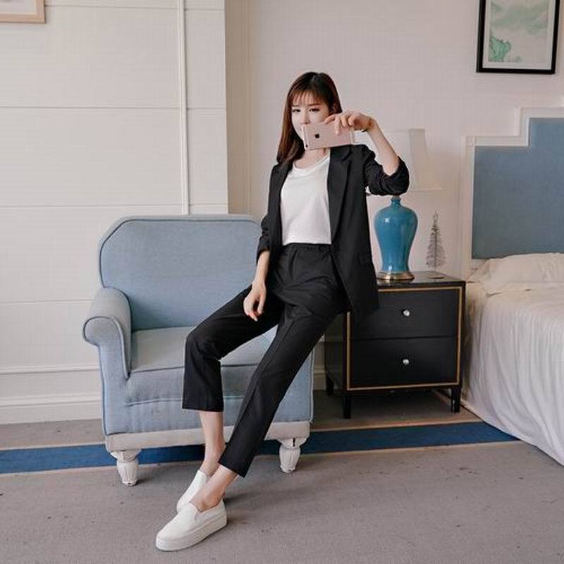 Tailleur 2 Pièces Femme Polyester Style Coréen – Veste Col Tailleur & Pantalon Professionnel