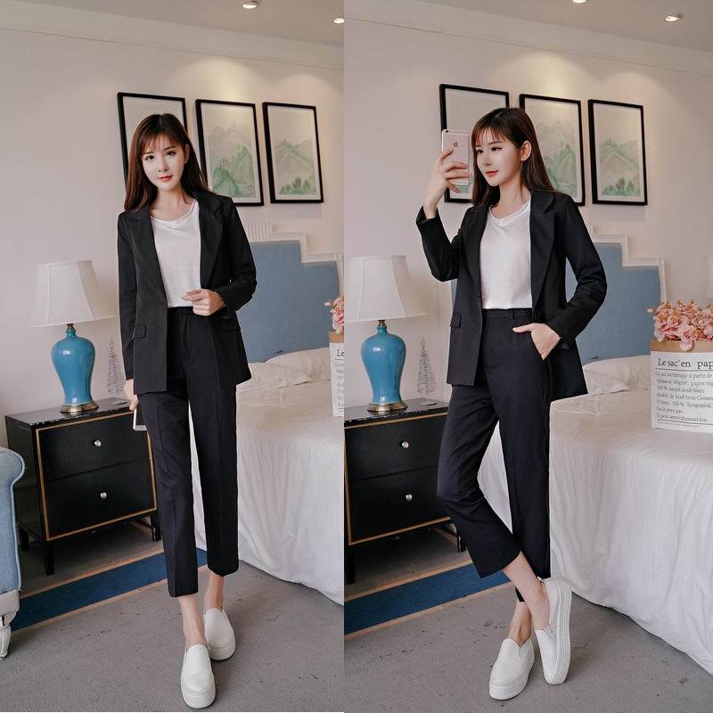 Tailleur 2 Pièces Femme Polyester Style Coréen – Veste Col Tailleur & Pantalon Professionnel