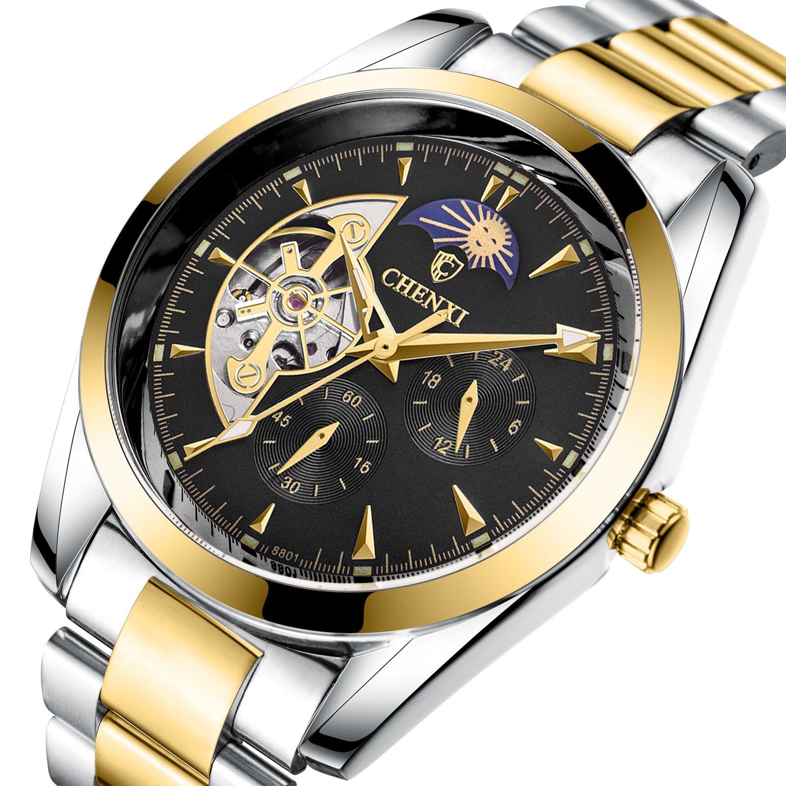 Montre Business Homme Quartz – Lumineux Phase de Lune Bracelet Acier 30M