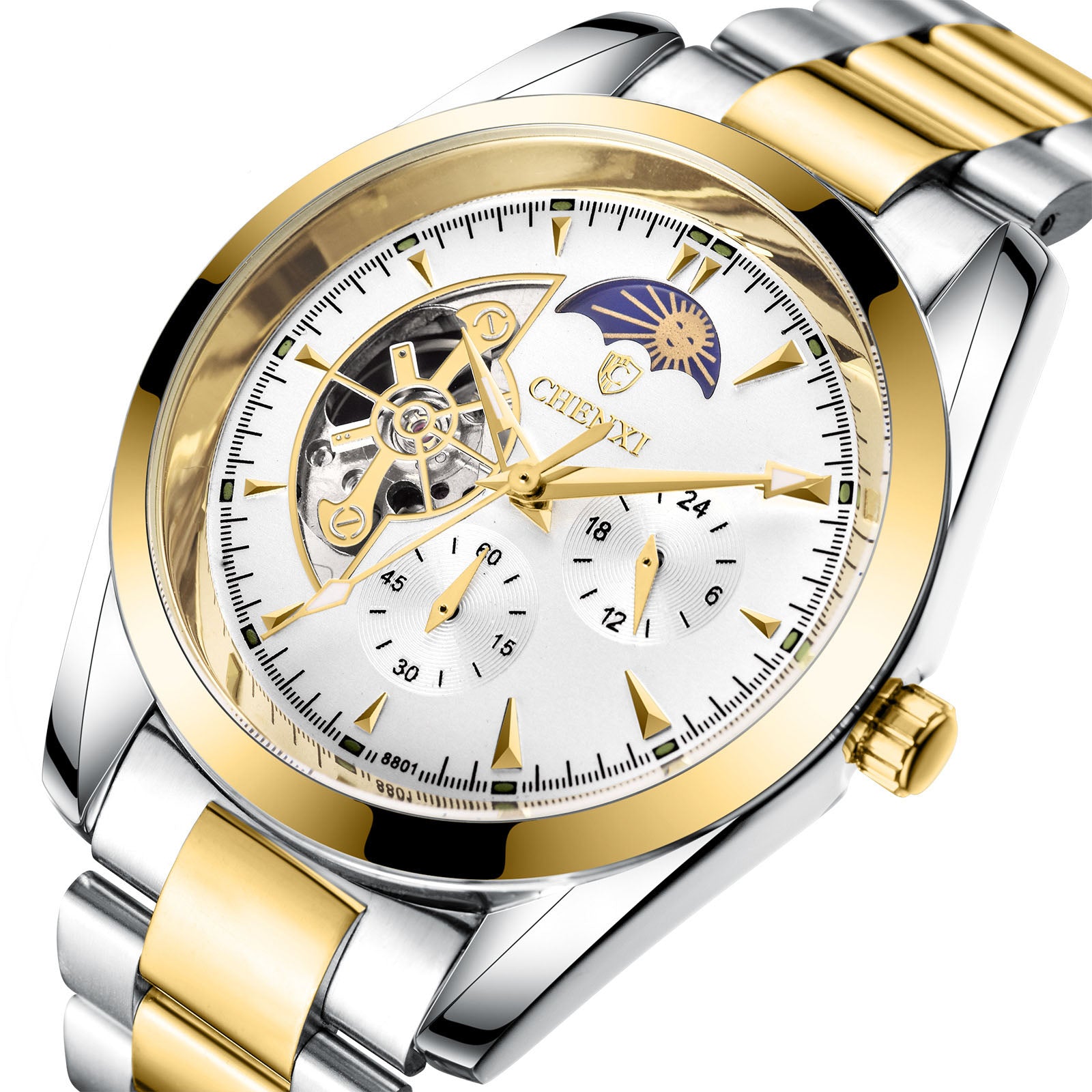 Montre Business Homme Quartz – Lumineux Phase de Lune Bracelet Acier 30M