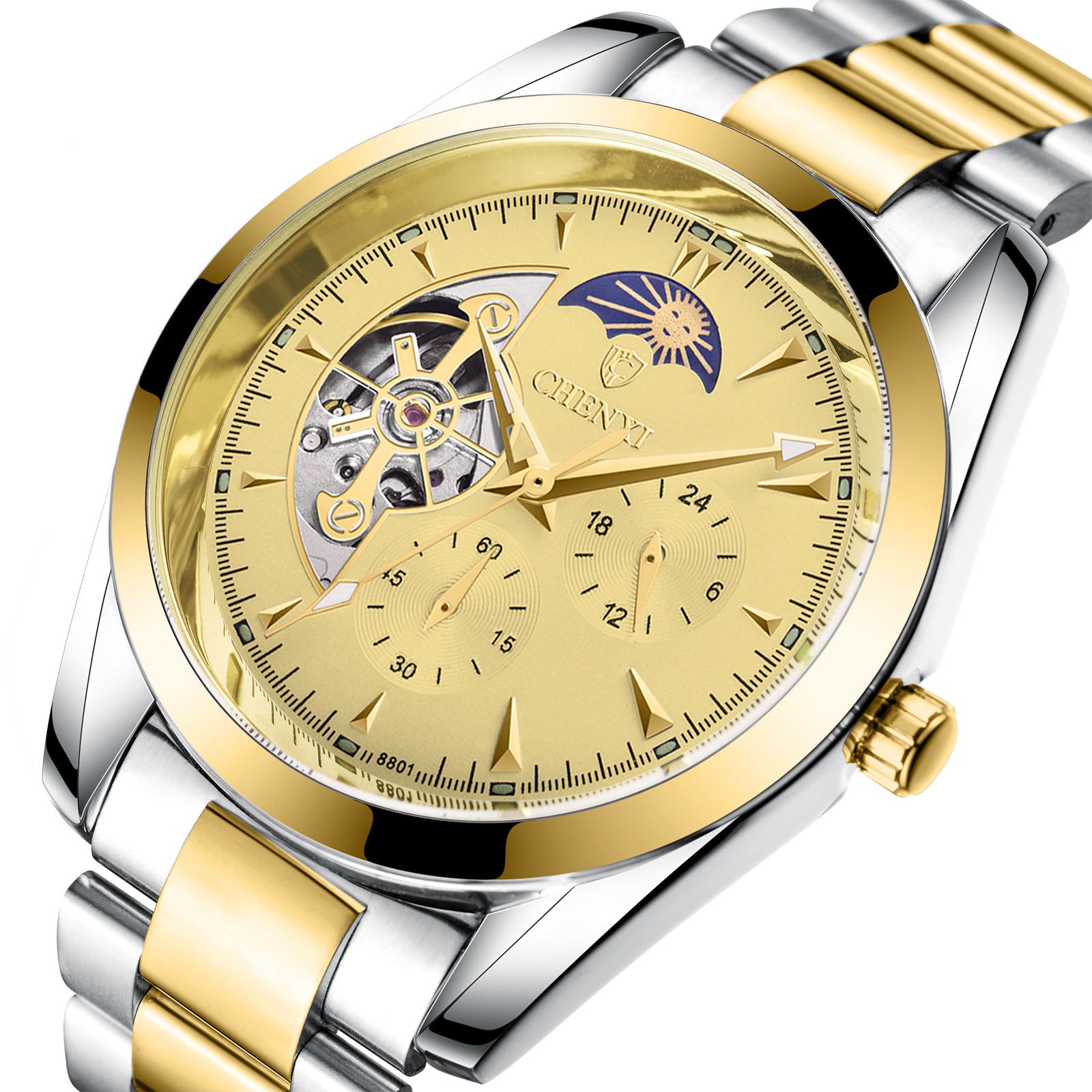 Montre Business Homme Quartz – Lumineux Phase de Lune Bracelet Acier 30M