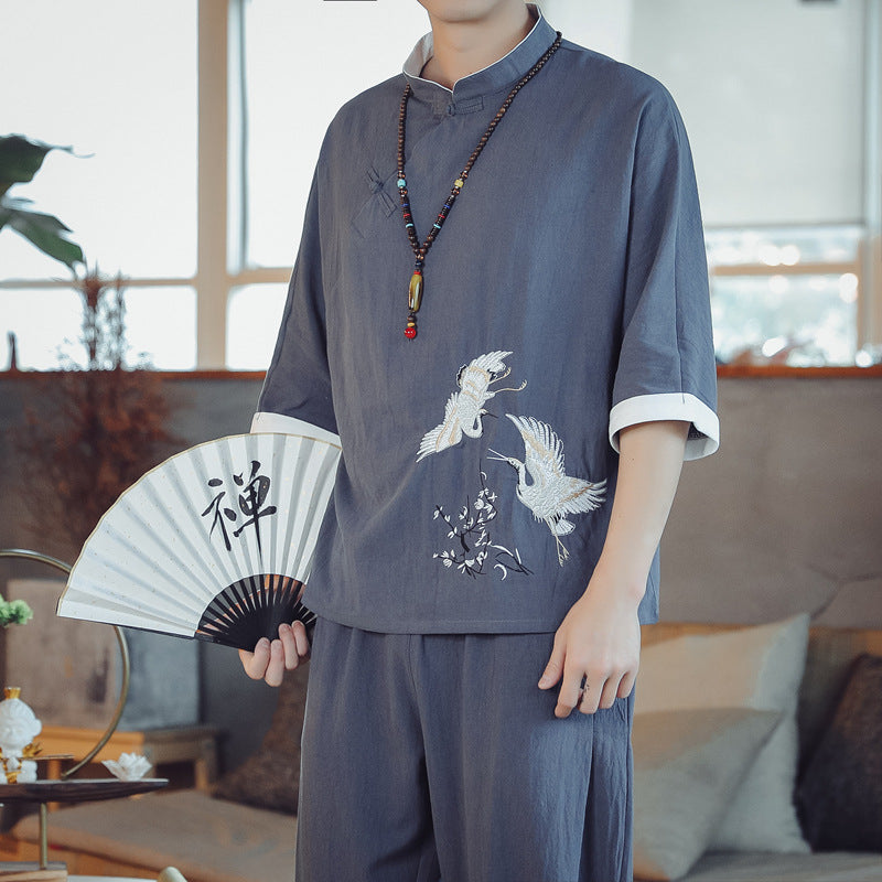 Ensemble Style Chinois Homme Coton Mélangé – T-shirt Manches Mi-Longues + Pantalon 9/10 Été Noir Bleu Blanc M-5XL