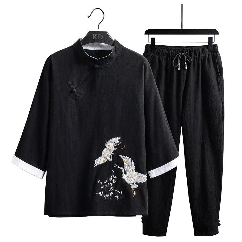 Ensemble Style Chinois Homme Coton Mélangé – T-shirt Manches Mi-Longues + Pantalon 9/10 Été Noir Bleu Blanc M-5XL
