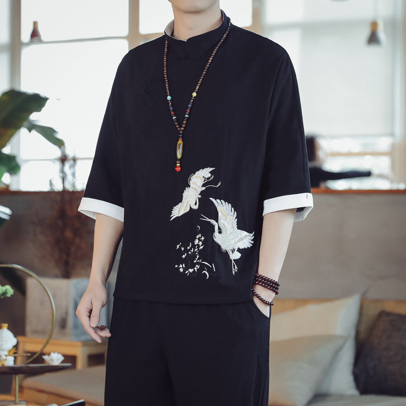Ensemble Style Chinois Homme Coton Mélangé – T-shirt Manches Mi-Longues + Pantalon 9/10 Été Noir Bleu Blanc M-5XL