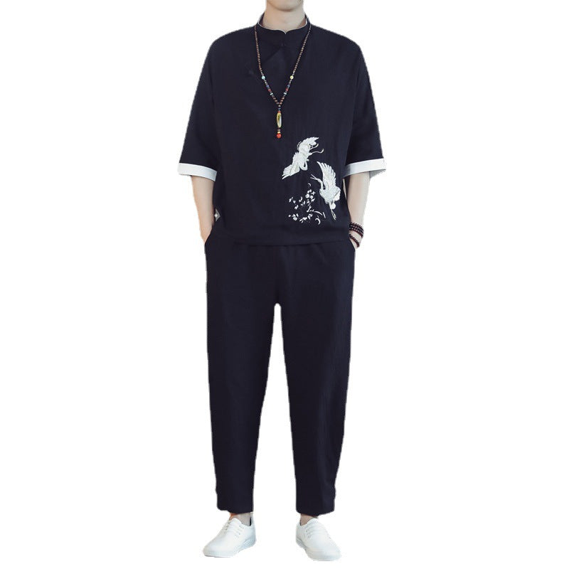 Ensemble Style Chinois Homme Coton Mélangé – T-shirt Manches Mi-Longues + Pantalon 9/10 Été Noir Bleu Blanc M-5XL