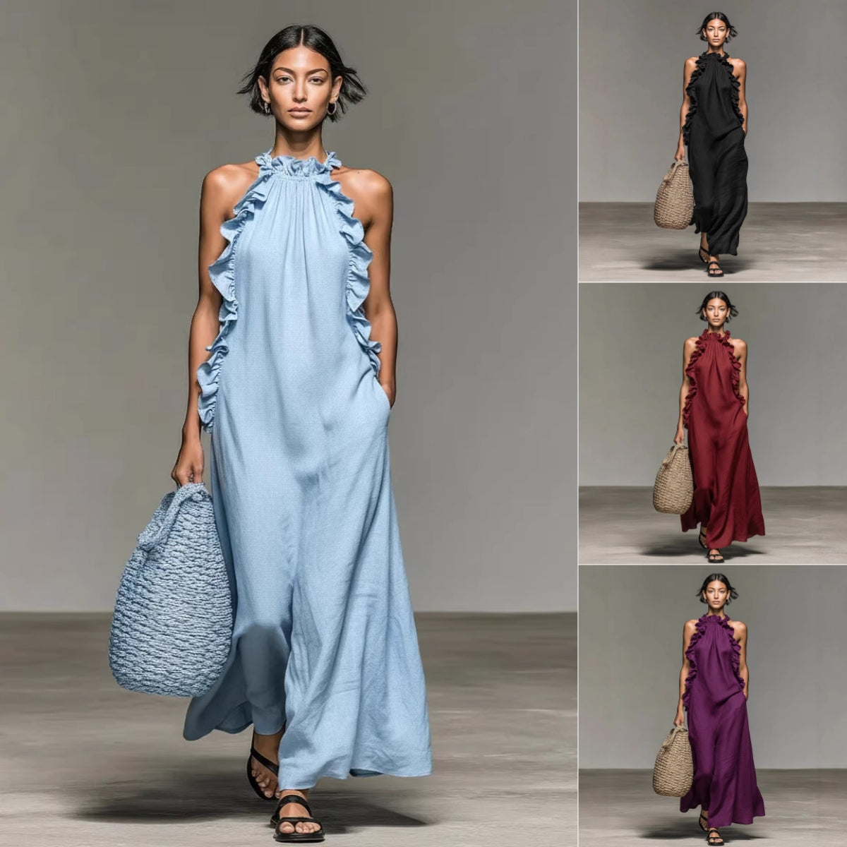 Robe Maxi Femme Soie Glacée Col Licou – Style Resort Dos Nu Volantée