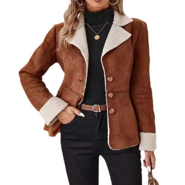 Veste Fourrure Femme Col Revers – Chaude Casual Poches Polyester