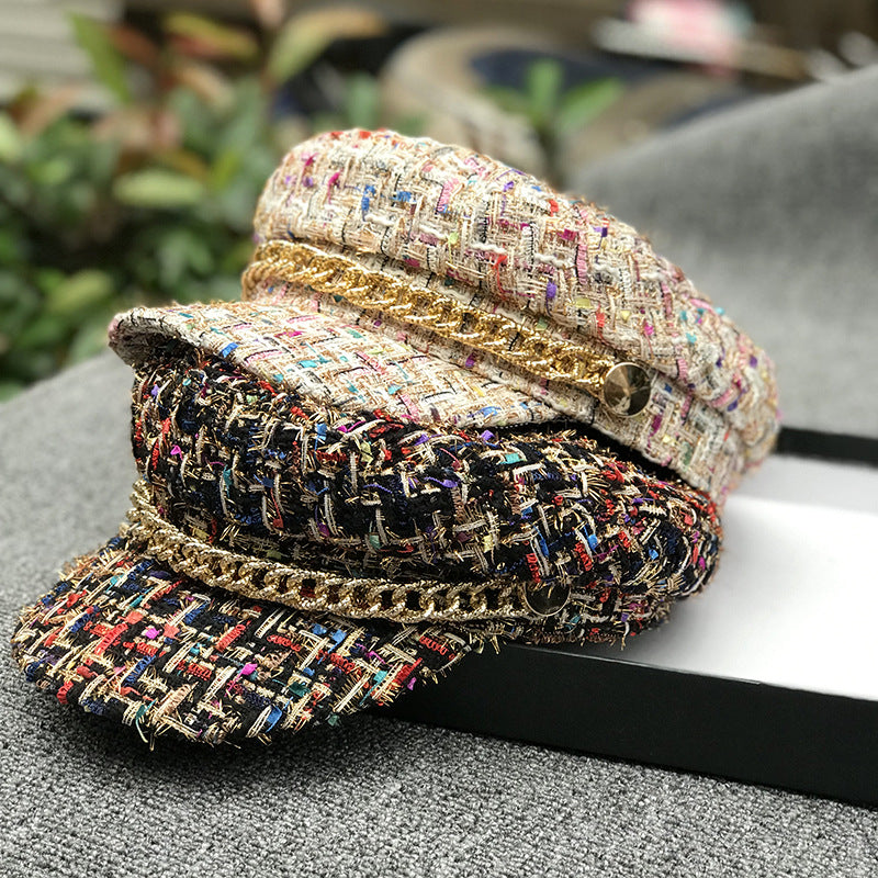 Casquette Plate Femme Tweed – Style Militaire Octogonal Polyvalent