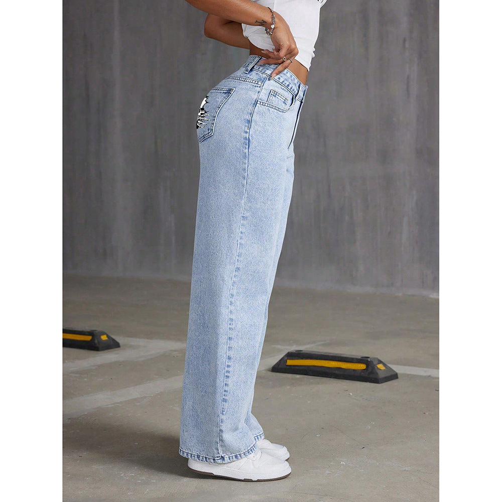 Jean Droit Taille Haute Femme Polyester Retro – Style Japandi Casual Bleu Clair