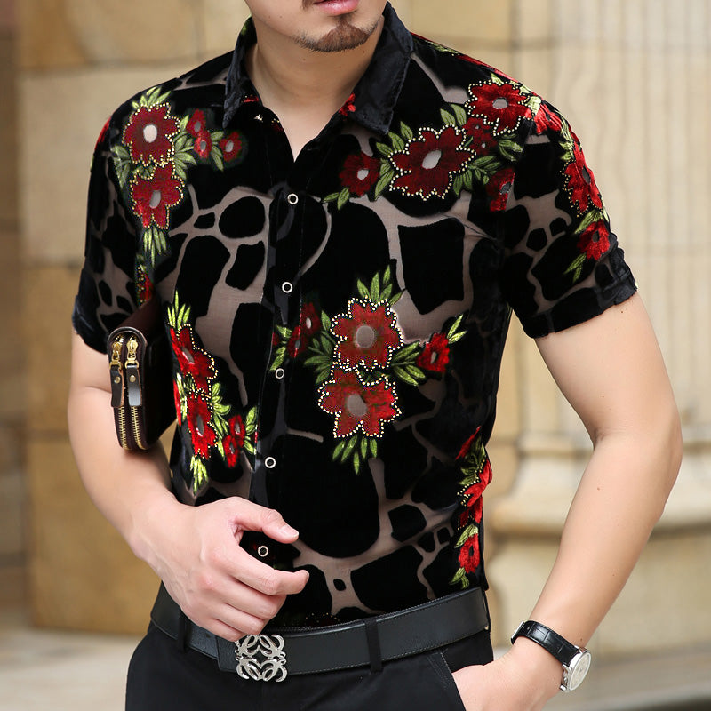 Chemise Soie Florale Transparente Homme Manches Courtes – Col Pointu Été Rouge S-3XL