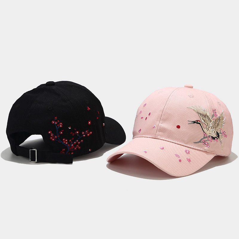 Casquette Baseball Femme Coton Brodée Grue – Visière Courbe Dome Noir Rose Blanc