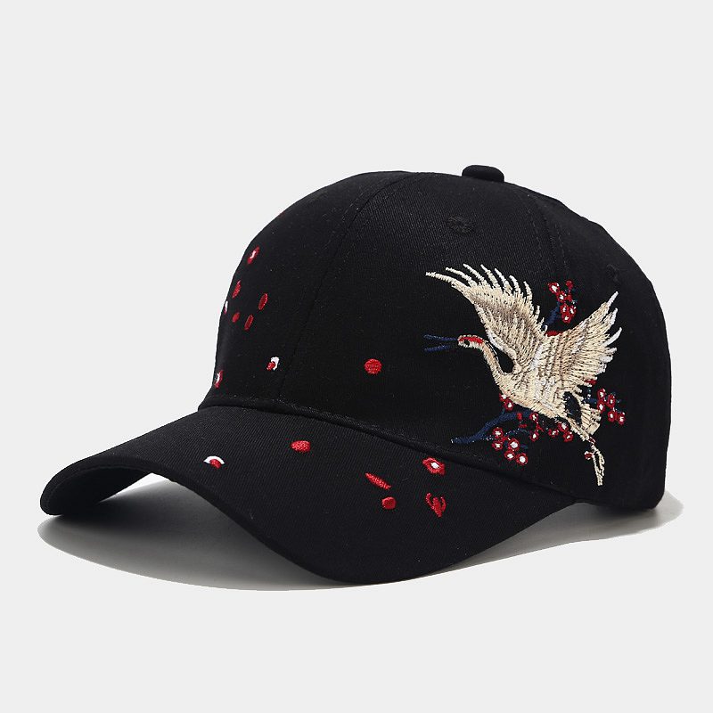 Casquette Baseball Femme Coton Brodée Grue – Visière Courbe Dome Noir Rose Blanc