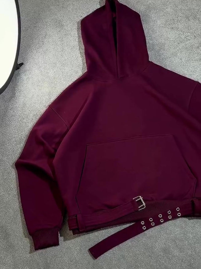 Hoodie Oversize Bordeaux – Sweat à Capuche Ceinture Latérale