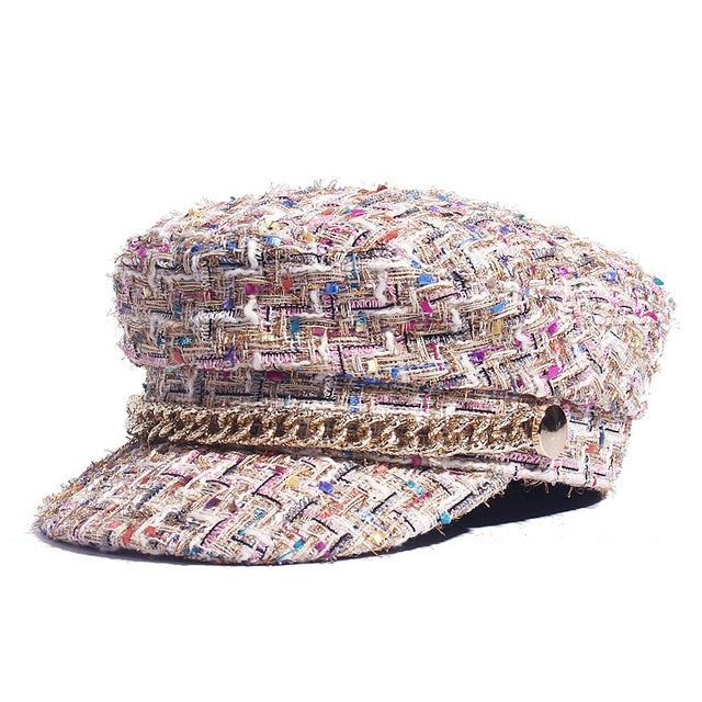 Casquette Plate Femme Tweed – Style Militaire Octogonal Polyvalent