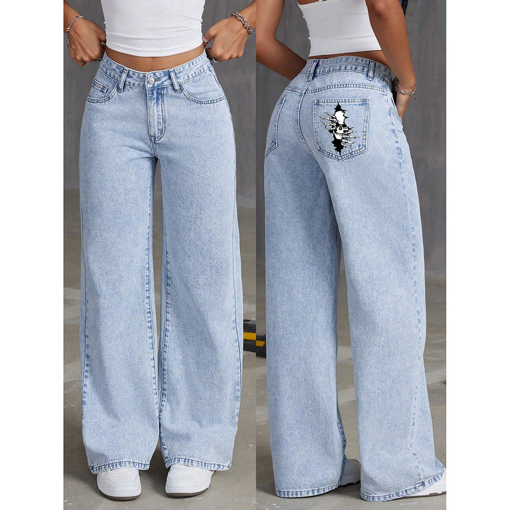 Jean Droit Taille Haute Femme Polyester Retro – Style Japandi Casual Bleu Clair
