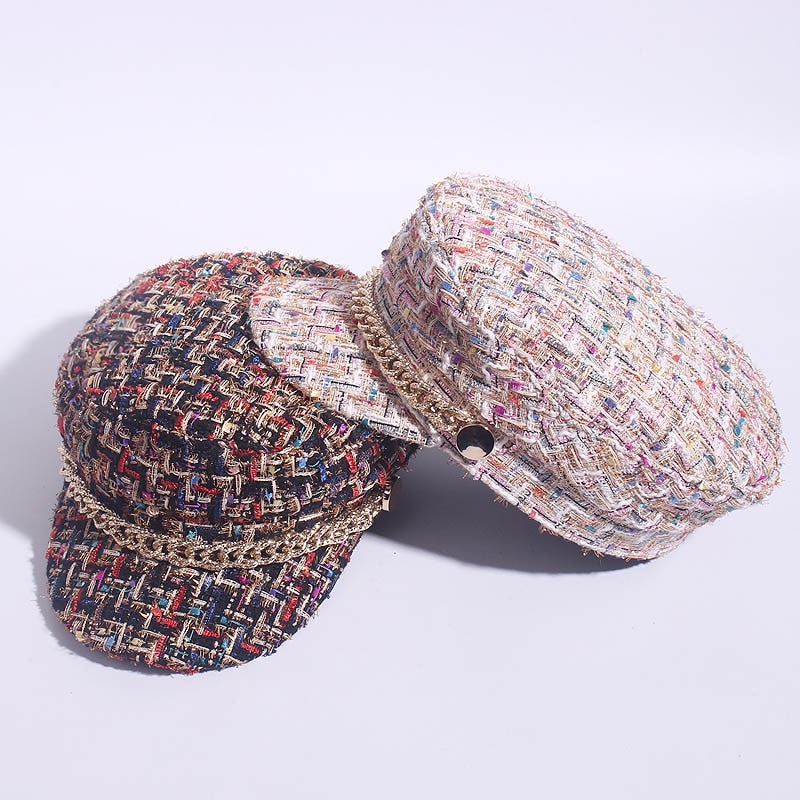 Casquette Plate Femme Tweed – Style Militaire Octogonal Polyvalent