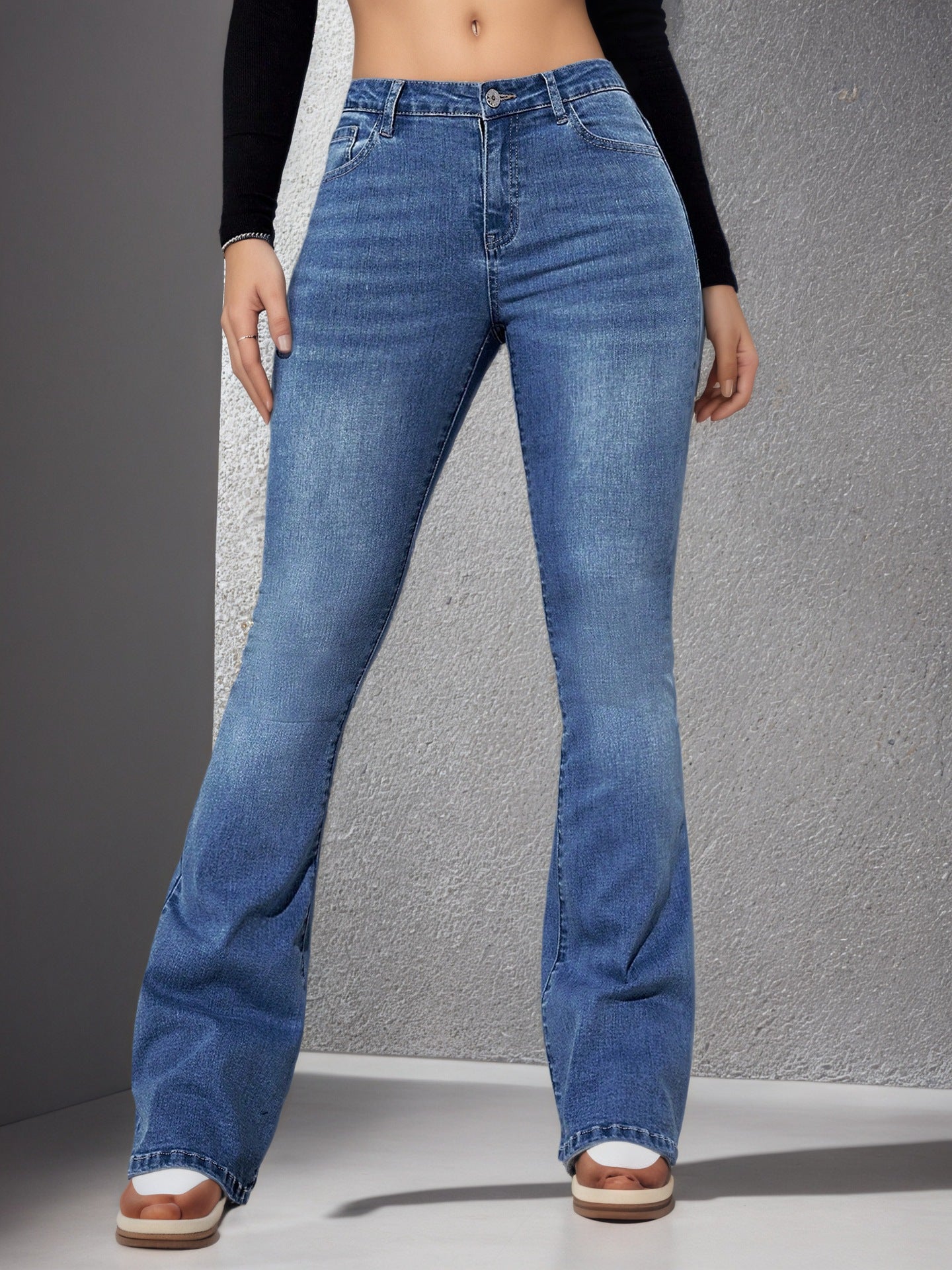 Jean Évasé Slim Femme Polyester Lavé Glace – Taille Haute Zip Bleu Saphir