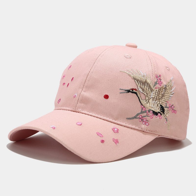 Casquette Baseball Femme Coton Brodée Grue – Visière Courbe Dome Noir Rose Blanc