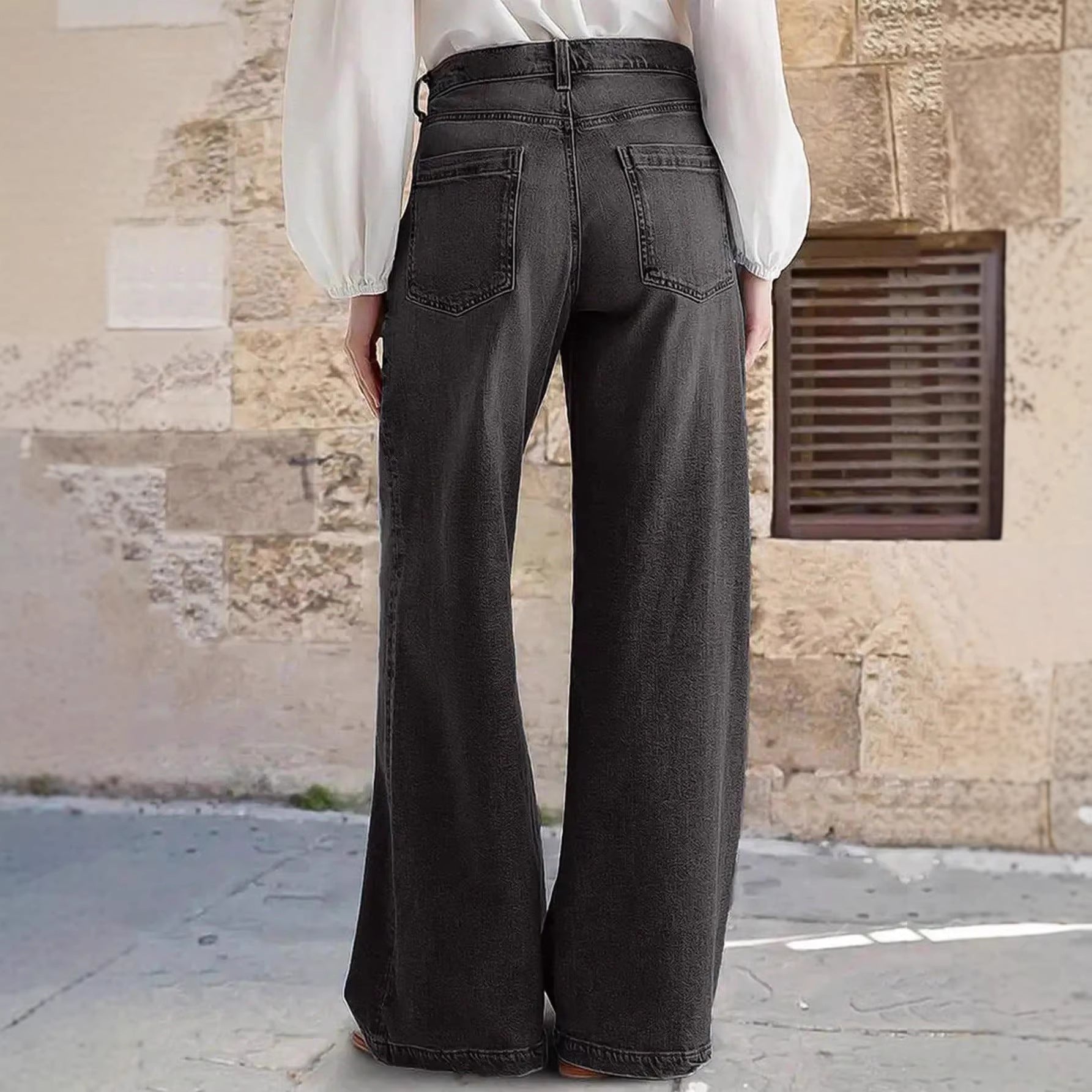 Jean Droit Stretch Femme – Style Vintage Artistique Taille Mi-Haute Noir Gris