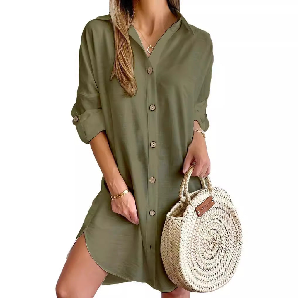 Robe Chemise Femme Polyester Manches Longues Col Boudé – Style Urbain Commuter