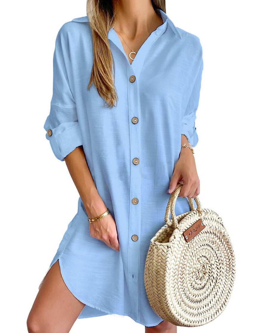 Robe Chemise Femme Polyester Manches Longues Col Boudé – Style Urbain Commuter