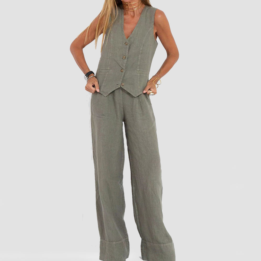 Ensemble Été Femme Lin Coton – Gilet Col V Sans Manches & Pantalon Droit Casual 10 Coloris S-4XL