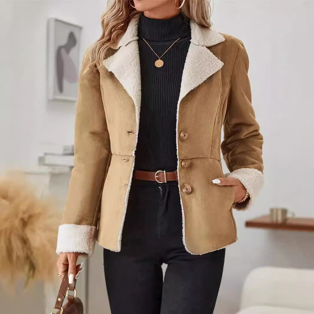 Veste Fourrure Femme Col Revers – Chaude Casual Poches Polyester