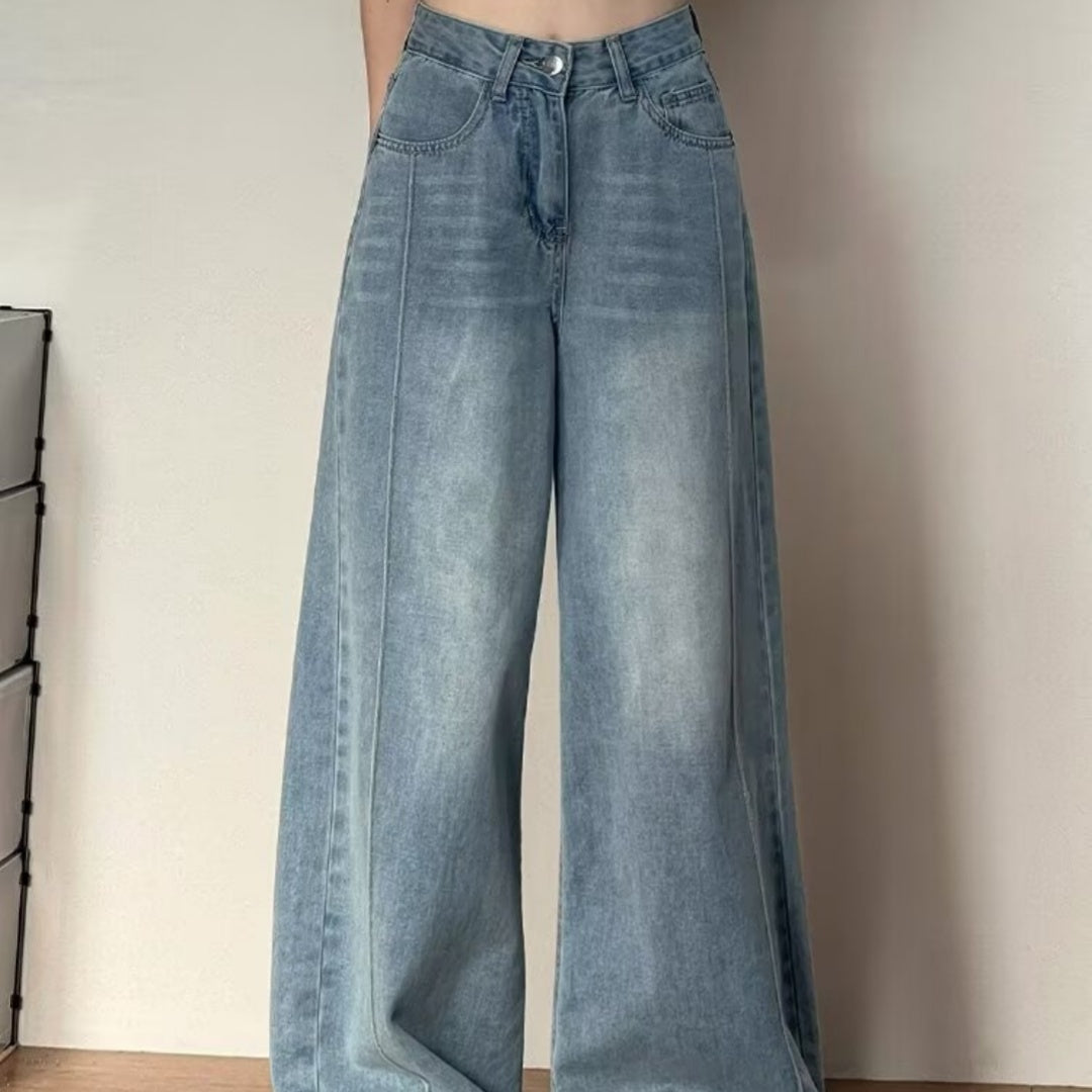 Jean Large Femme Coton Taille Haute – Style Japonais Coréen Zip Couleur Rétro Automne