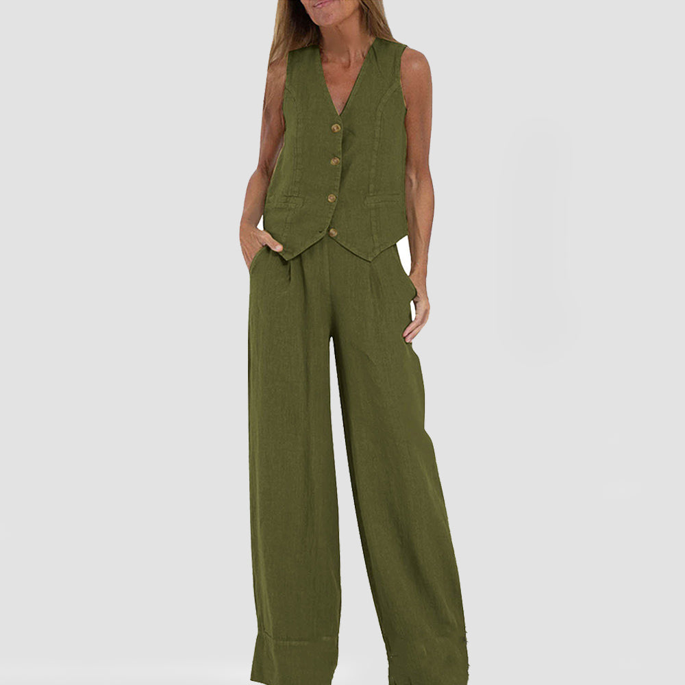 Ensemble Été Femme Lin Coton – Gilet Col V Sans Manches & Pantalon Droit Casual 10 Coloris S-4XL