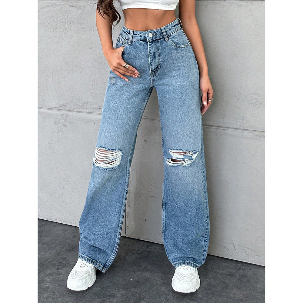 Jean Droit Casual Lavé Femme Polyester – Taille Haute Bleu Clair Bleu Moyen Noir
