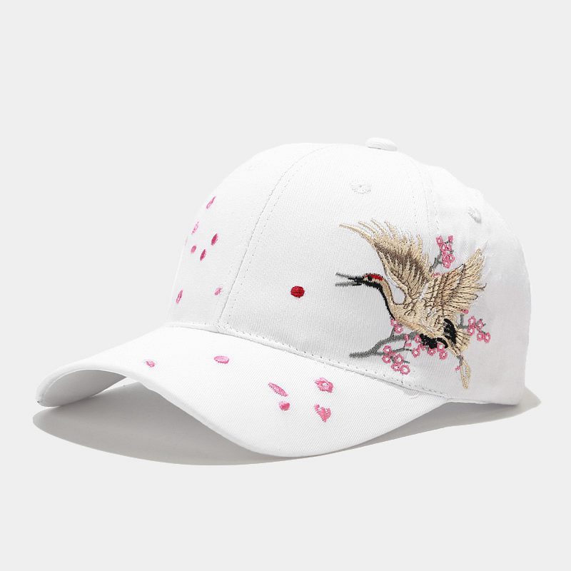 Casquette Baseball Femme Coton Brodée Grue – Visière Courbe Dome Noir Rose Blanc