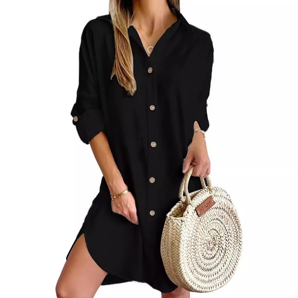 Robe Chemise Femme Polyester Manches Longues Col Boudé – Style Urbain Commuter