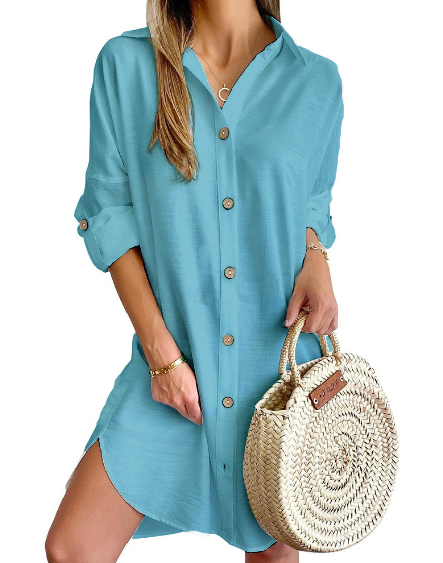 Robe Chemise Femme Polyester Manches Longues Col Boudé – Style Urbain Commuter