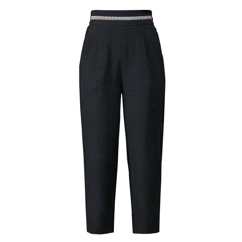 Pantalon Sarouel Femme Lin 100% – Taille Haute Coupe Droite 9/10 Été Noir
